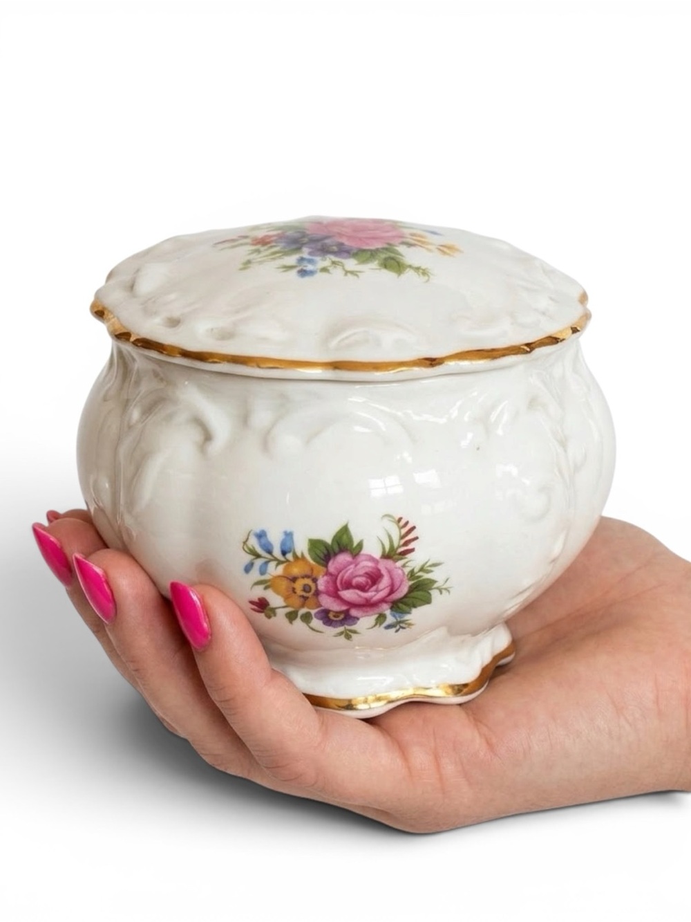 Vtg Rosina Queens Bone China Trinket Jar Lid Floral Gold Trim Made in England